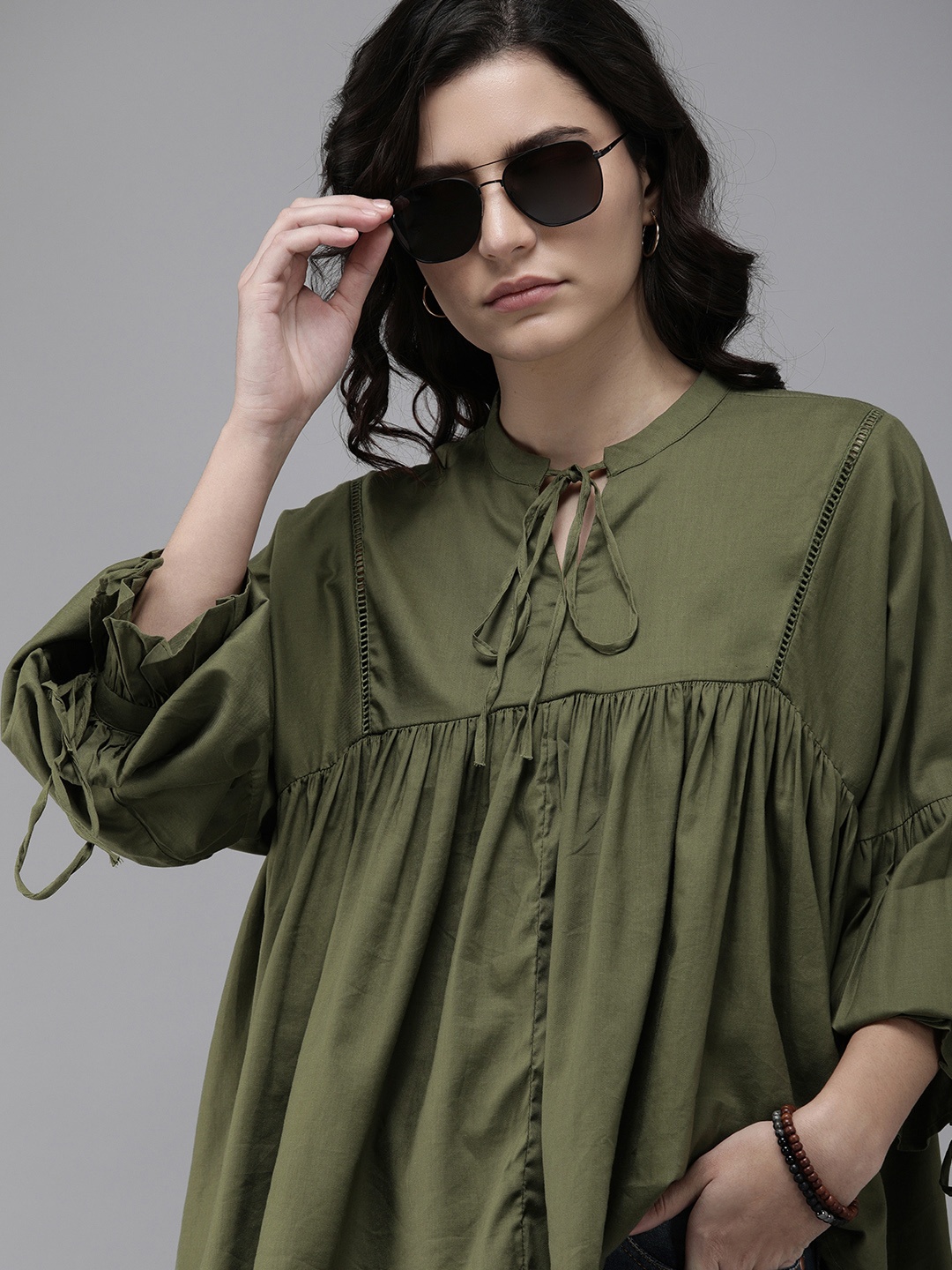 

Roadster Olive Green Tie-Up Neck Empire Top