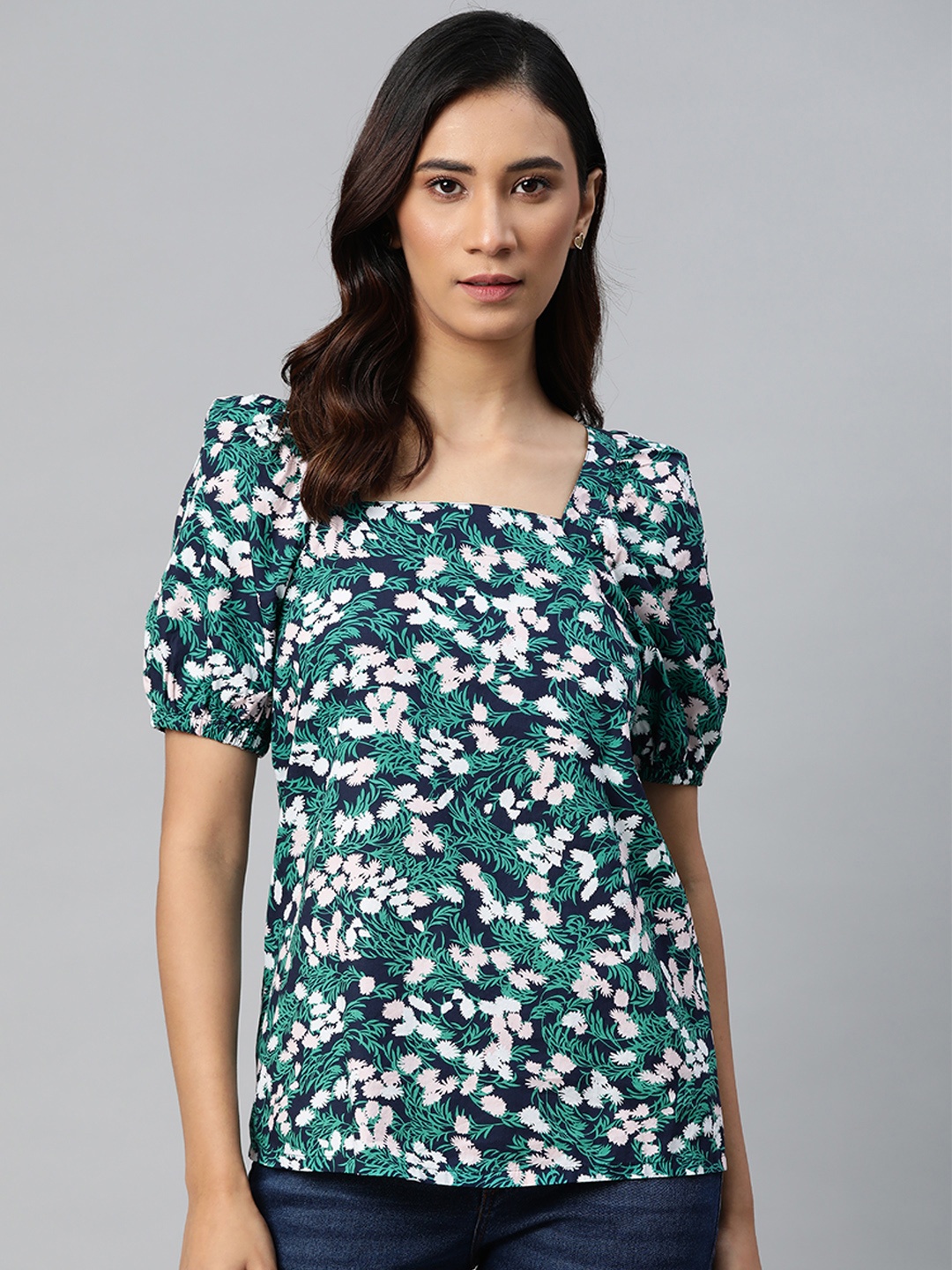 

Marks & Spencer Women Blue & Sea Green Floral Print Puff Sleeves Regular Top