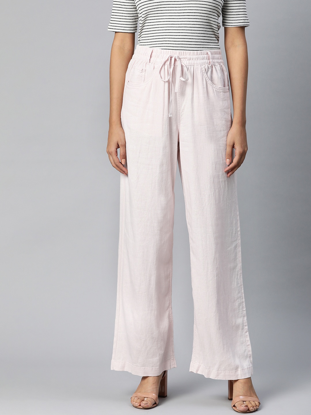 

Marks & Spencer Women Pink Solid Loose Fit Pleated Parallel Trousers