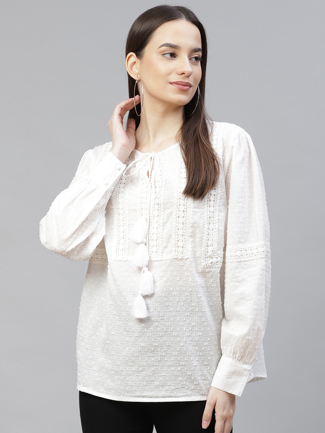 

Marks & Spencer White Self Design Tie-Up Neck Regular Top