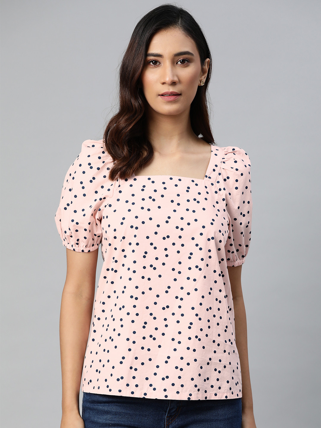 

Marks & Spencer Women Pink & Navy Blue Polka Dot Print Regular Top