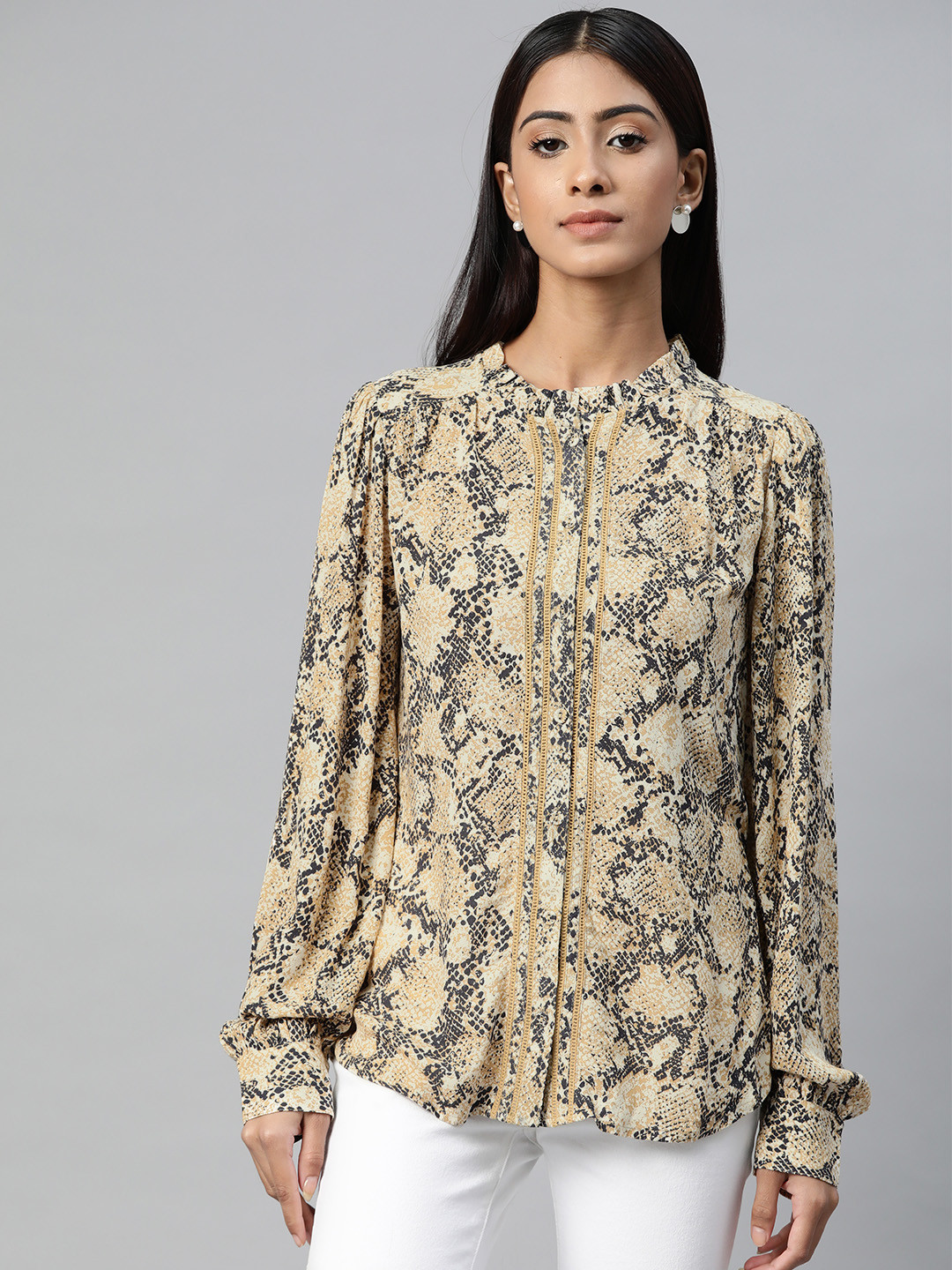 

Marks & Spencer Women Beige & Black Snakeskin Print Shirt Style Top