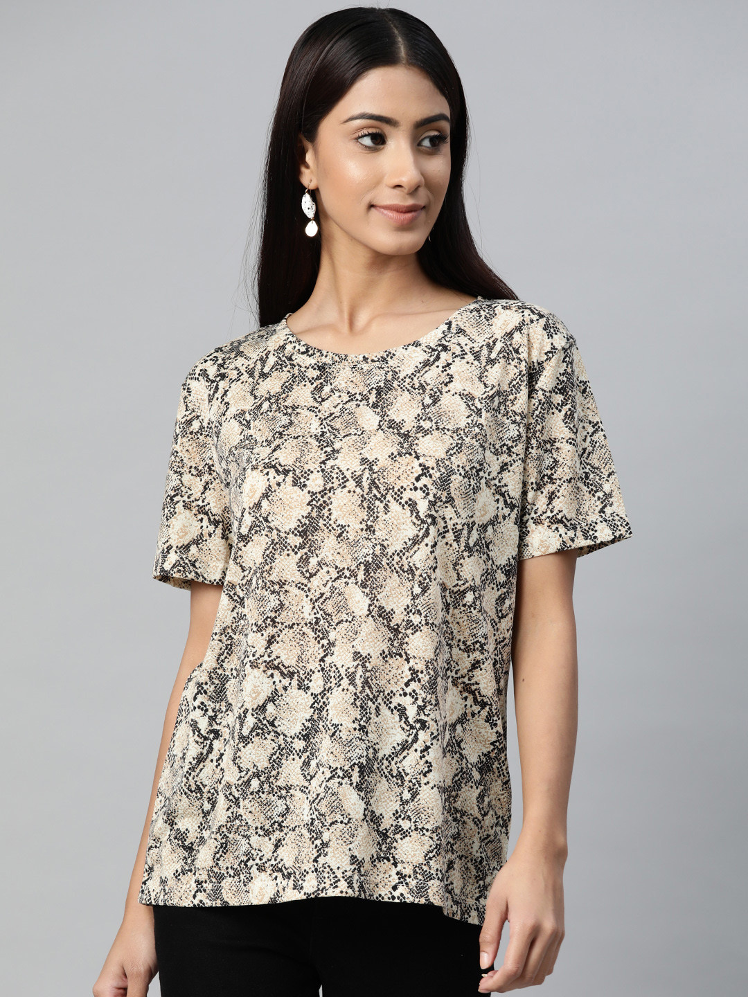 

Marks & Spencer Women Beige & Black Snake Print T-shirt