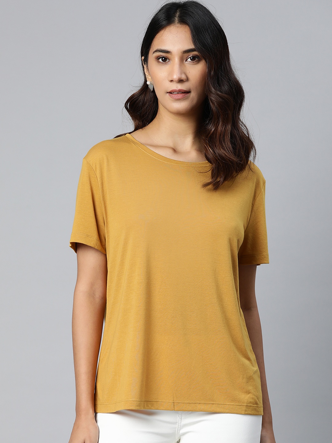 

Marks & Spencer Women Mustard Yellow Solid Pure Cotton Relaxed Fit T-shirt