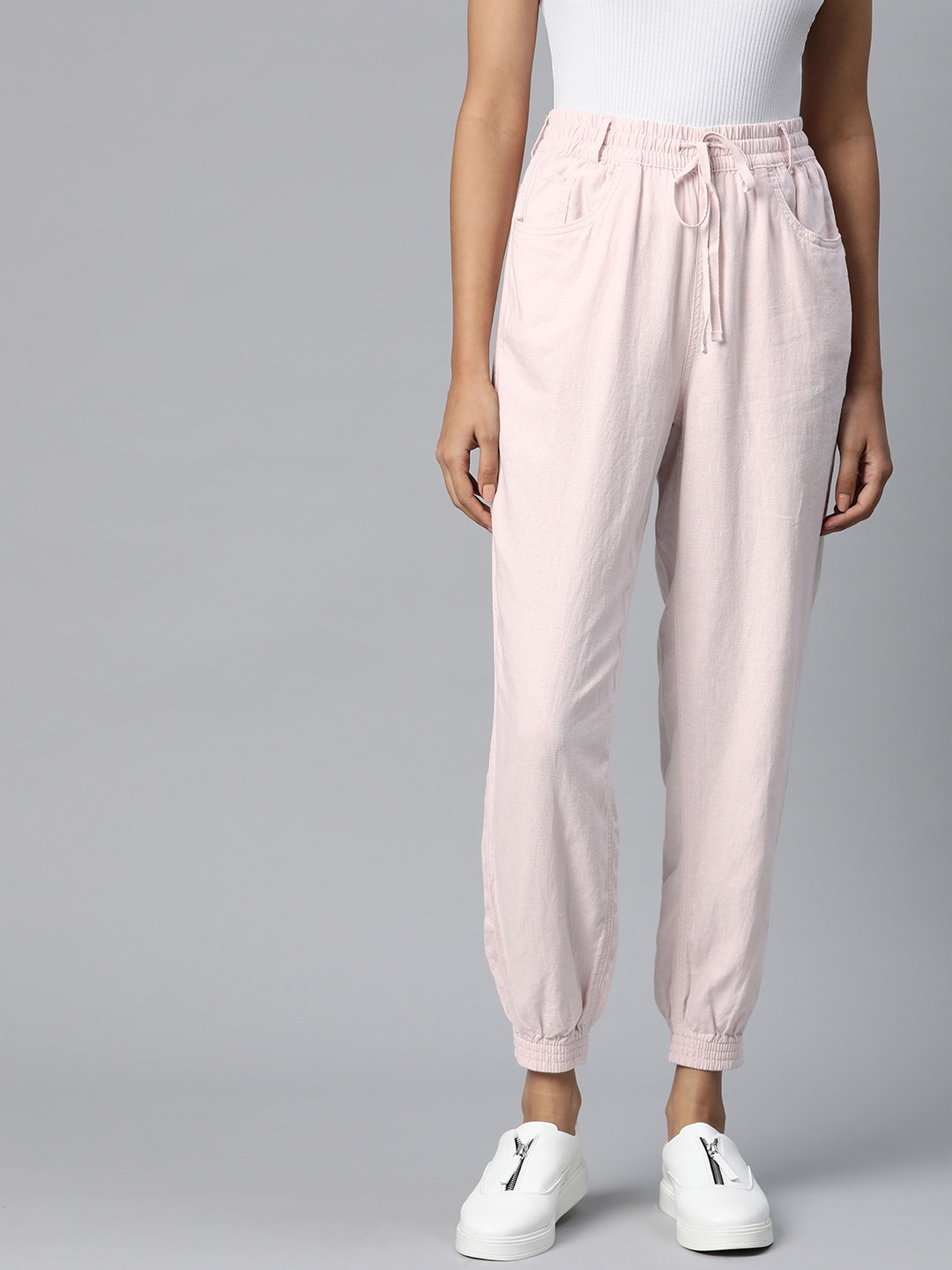 

Marks & Spencer Women Pink Linen Solid Loose Fit Pleated Joggers Trousers
