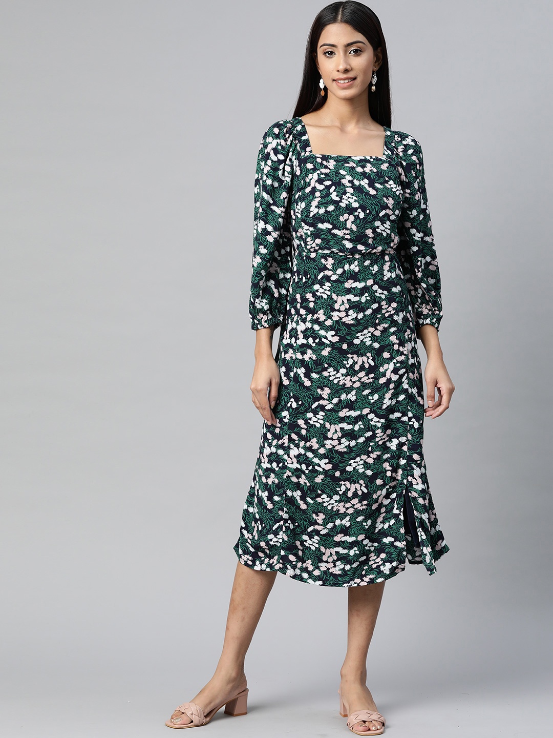 

Marks & Spencer Navy Blue & Green Floral Print Ruched A-Line Midi Dress