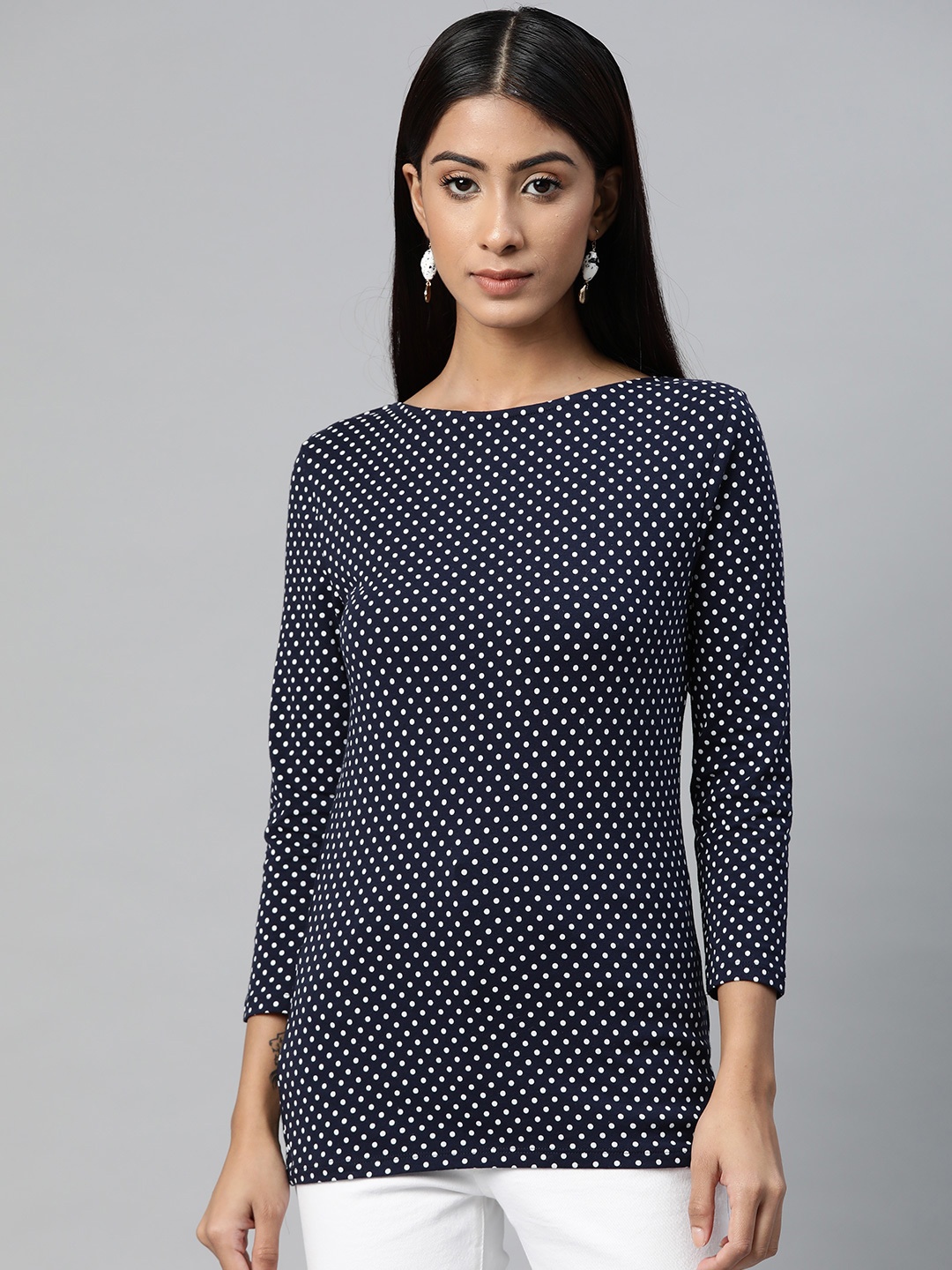 

Marks & Spencer Women Navy Blue & White Polka Dots Print T-shirt