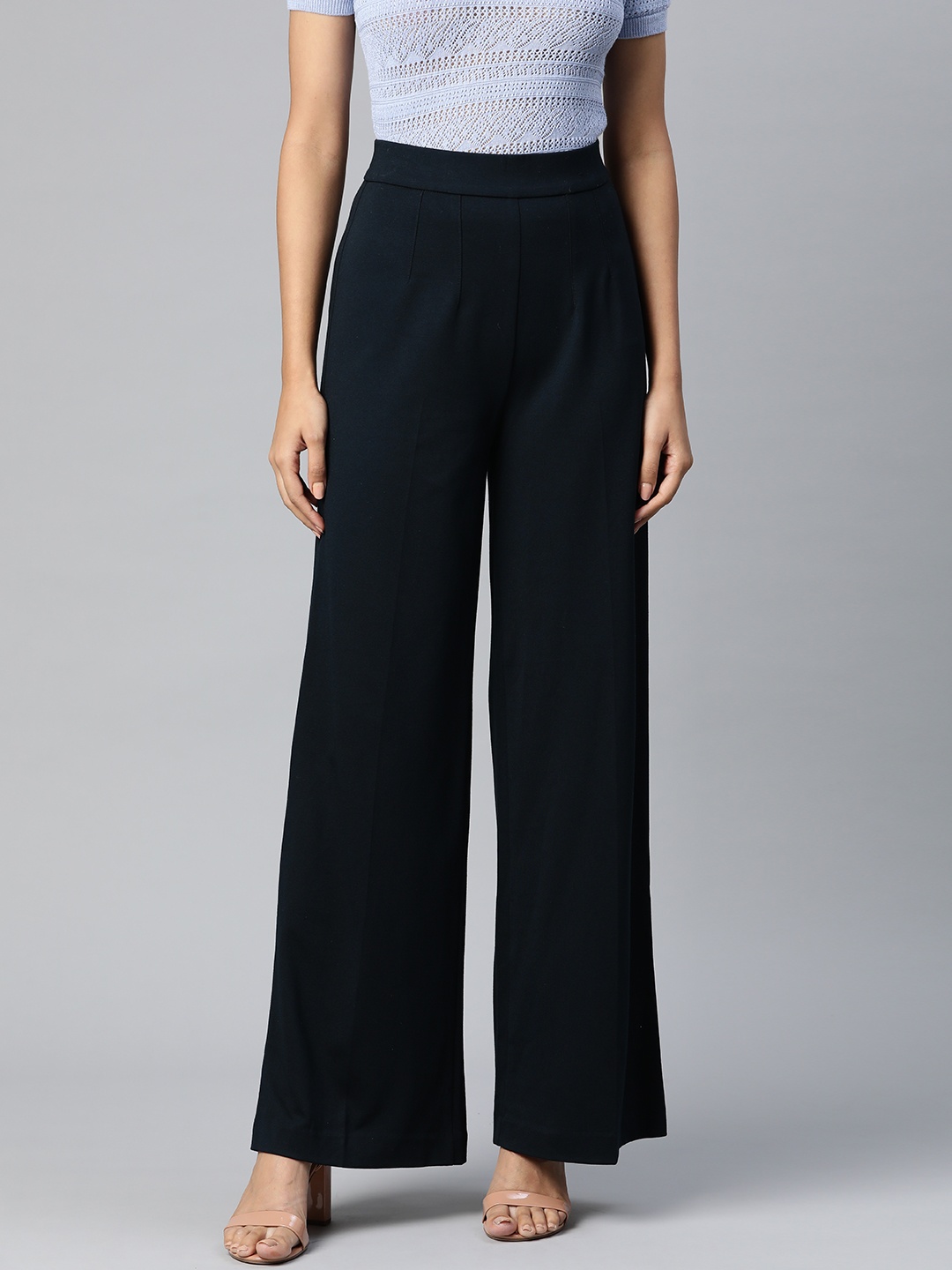 

Marks & Spencer Women Navy Blue Solid Loose Fit Pleated Parallel Trousers