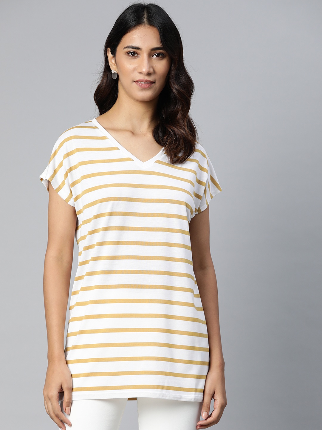 

Marks & Spencer Women White & Beige Striped V-Neck T-shirt
