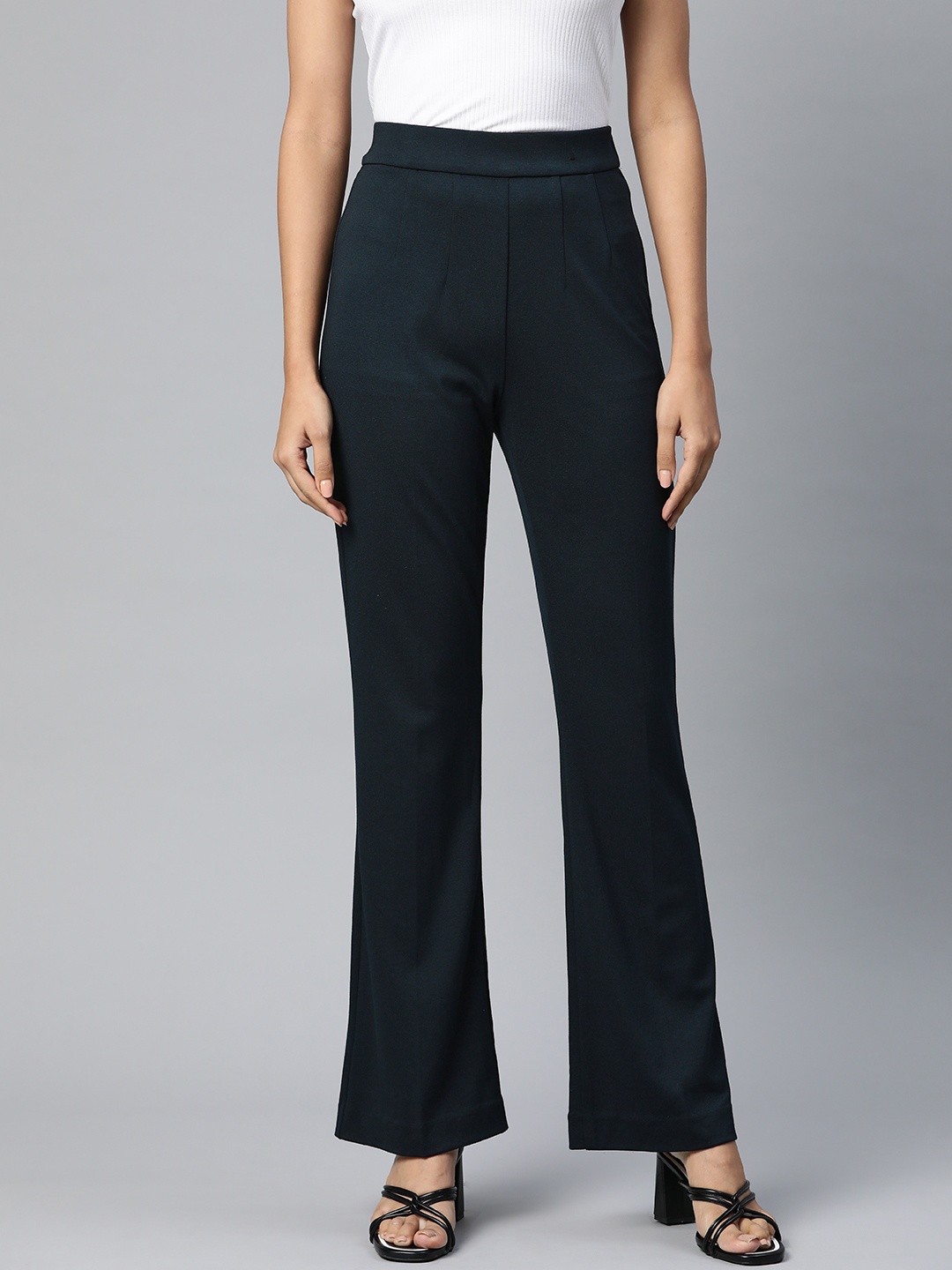 

Marks & Spencer Women Navy Blue Solid Slim Fit Pleated Parallel Trousers