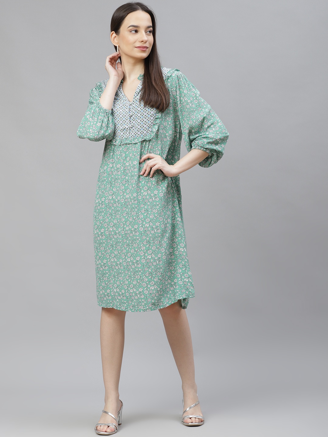 

Marks & Spencer Green & White Floral A-Line Dress