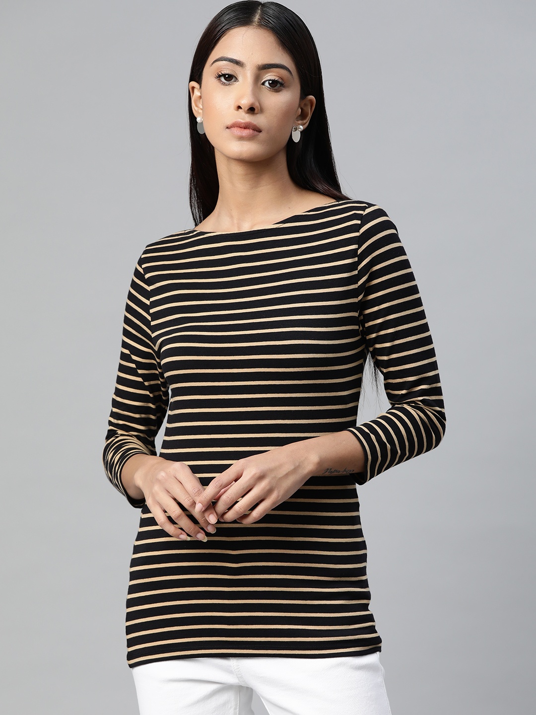 

Marks & Spencer Women Black & Beige Striped T-shirt