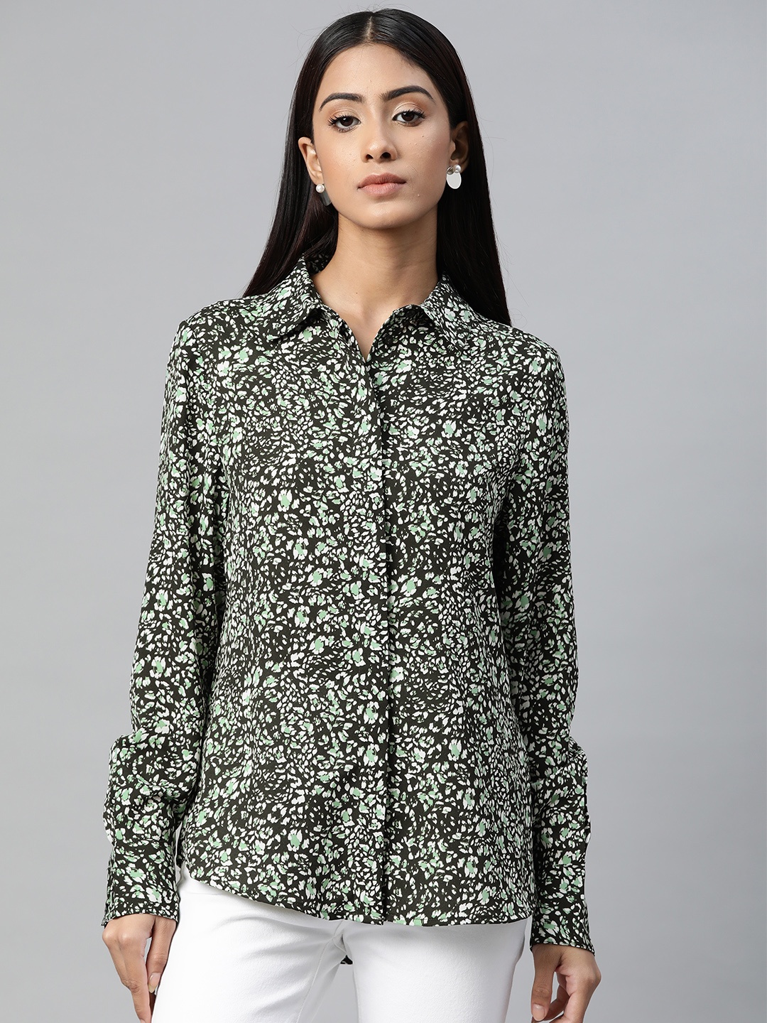 

Marks & Spencer Women Black & Green Abstract Print Casual Shirt