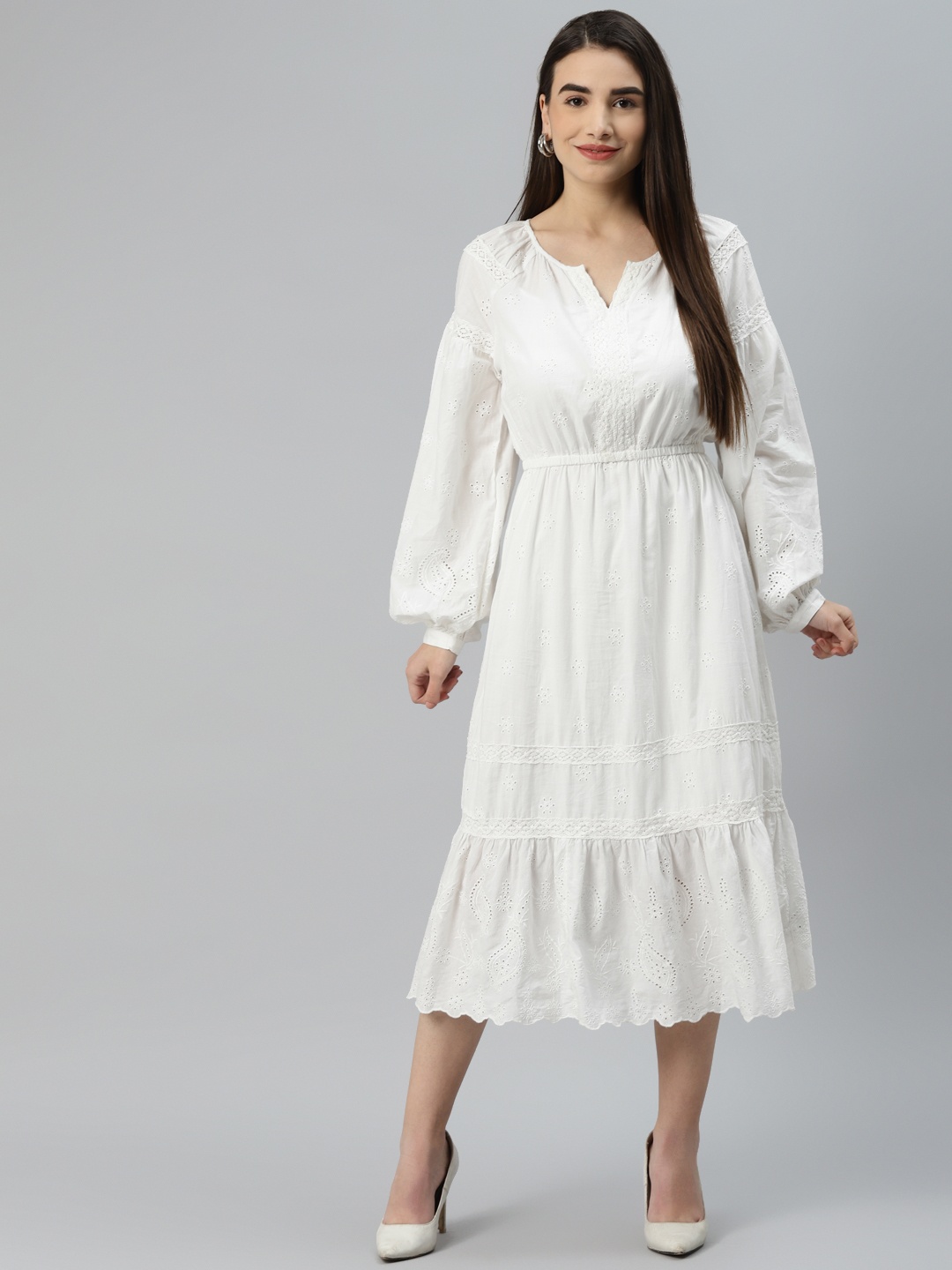 

Marks & Spencer White Schiffli Embroidered Pure Cotton A-Line Midi Dress