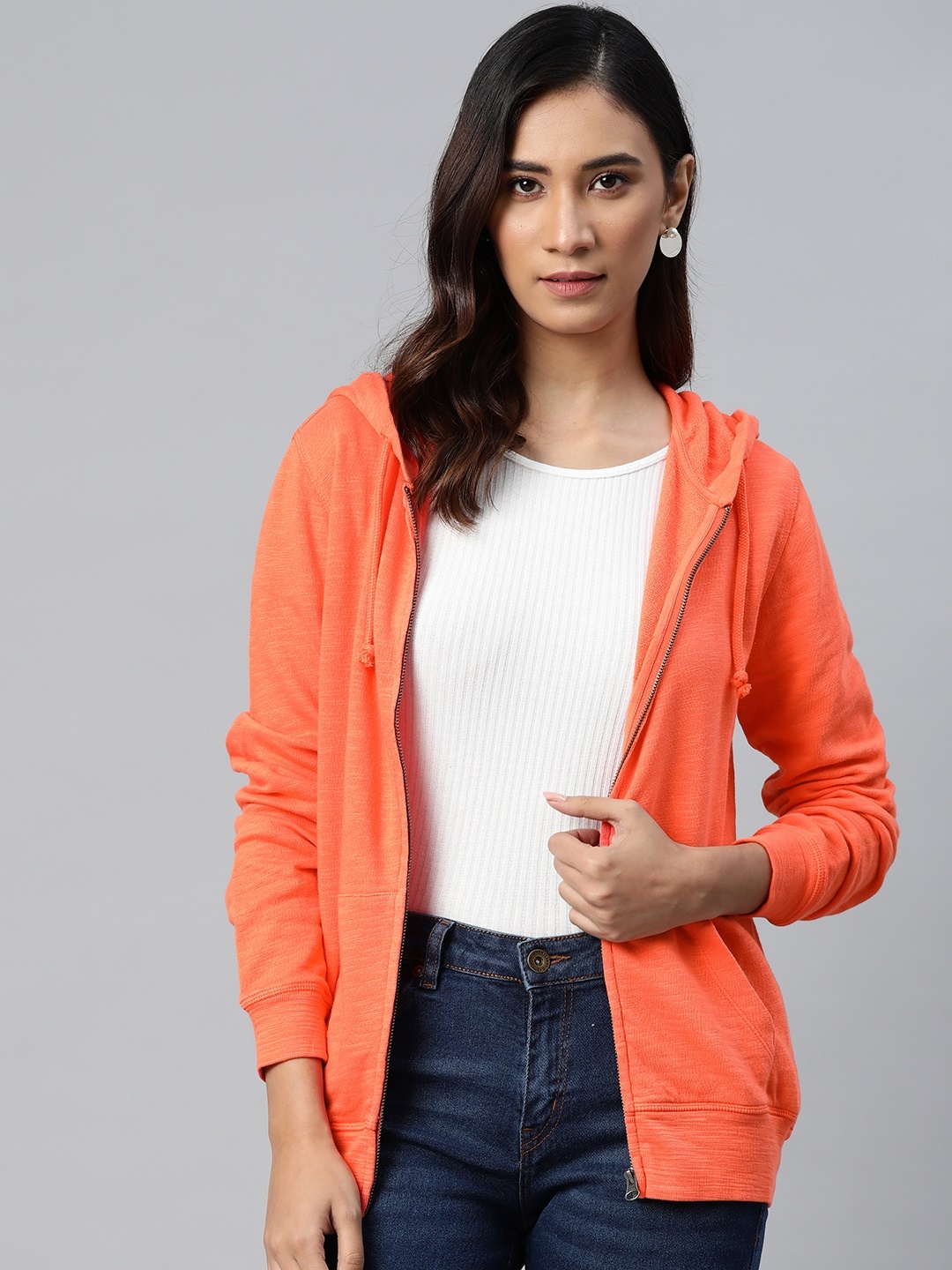 

Marks & Spencer Women Coral Orange Melange Effect Pure Cotton Hooded Sweatshirt