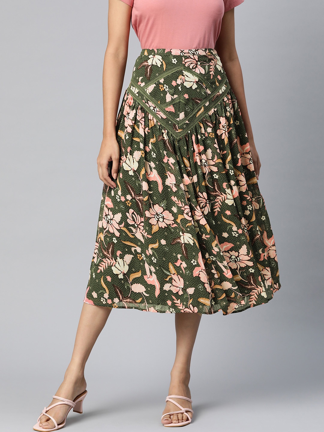 

Marks & Spencer Women Green & Pink Floral Print A-line Midi Skirt