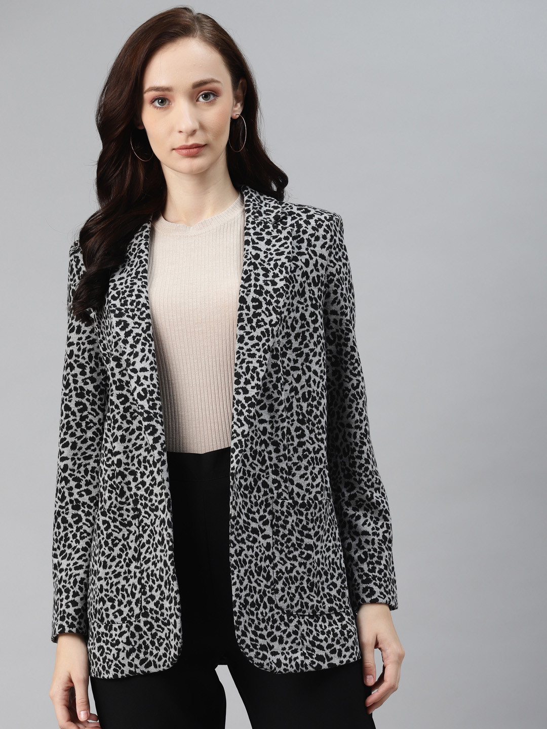 

Marks & Spencer Women Grey & Black Animal Woven Design Open-Front Formal Blazer