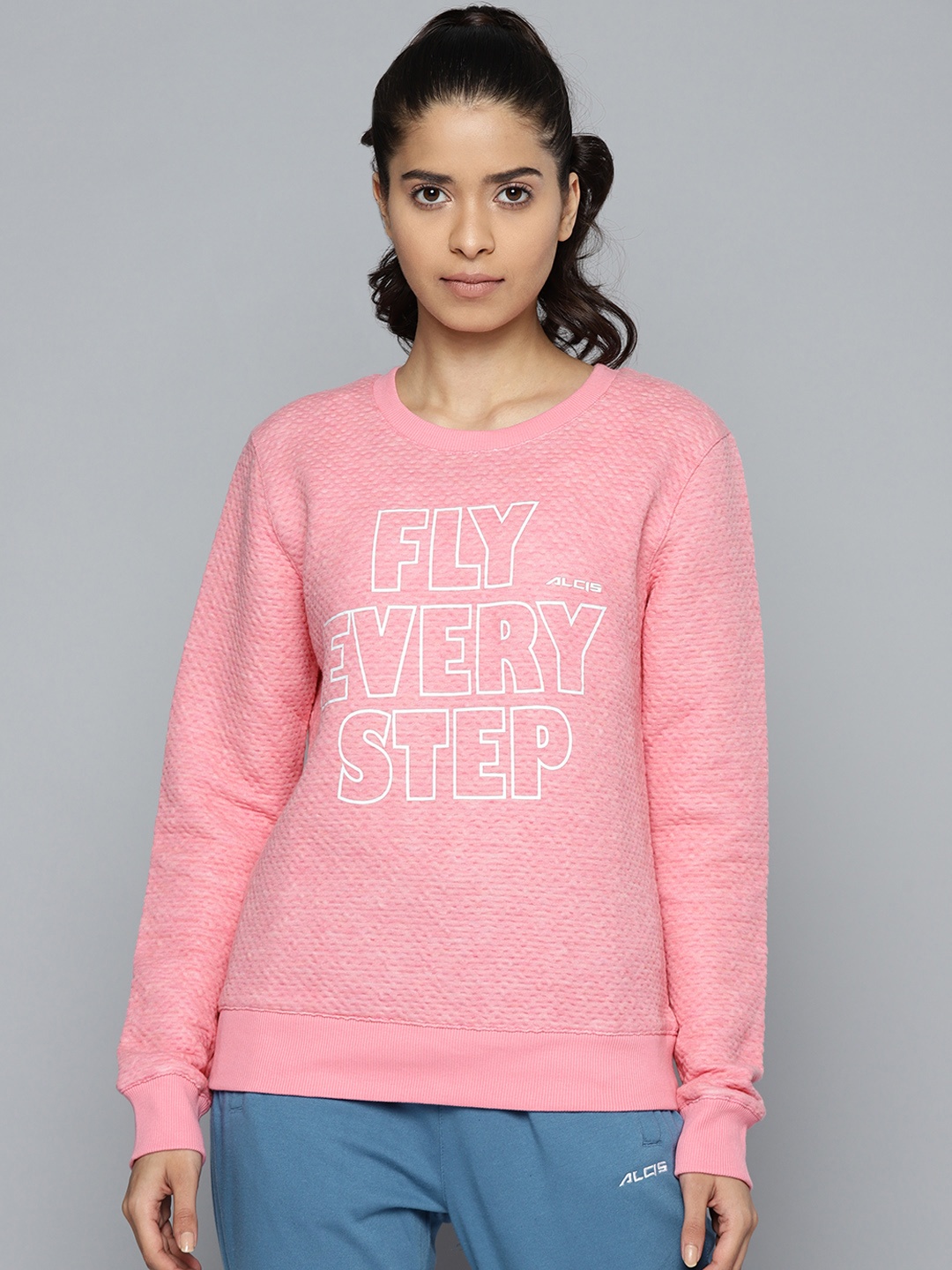 

Alcis Women Pink Self Design Sweatshirt with Print Detail