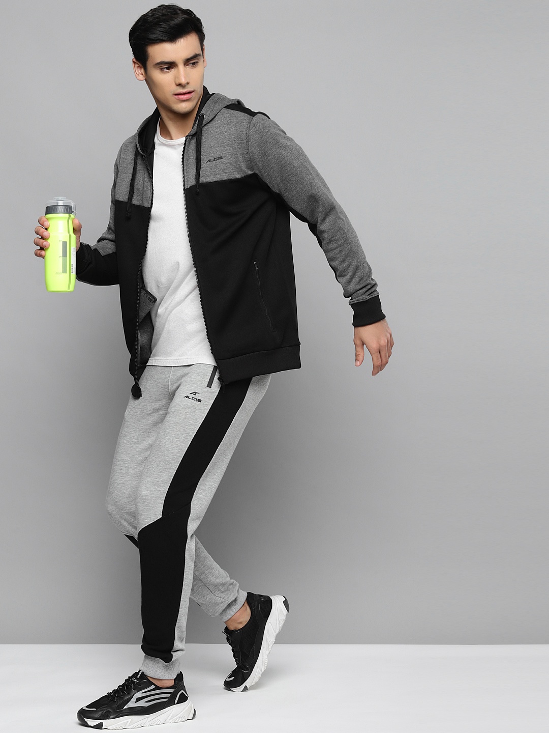 

Alcis Men Black & Charcoal Grey Colourblocked Hooded Sweatshirt