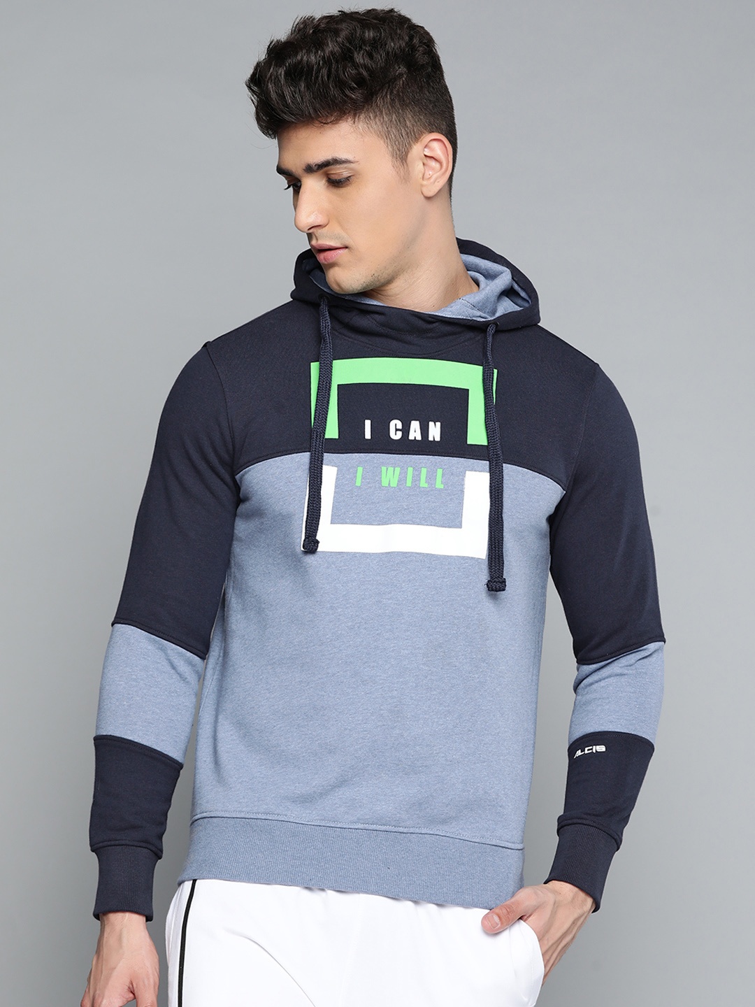 

Alcis Men Blue Colourblocked Hooded Sweatshirt with Print Detail
