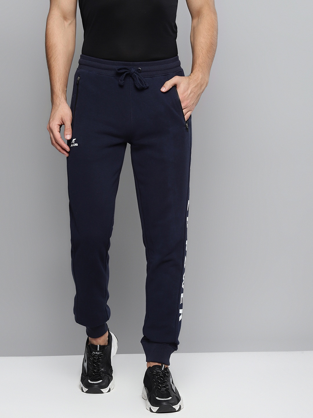 

Alcis Men Navy Blue Solid Slim Fit Joggers with Printed Detail