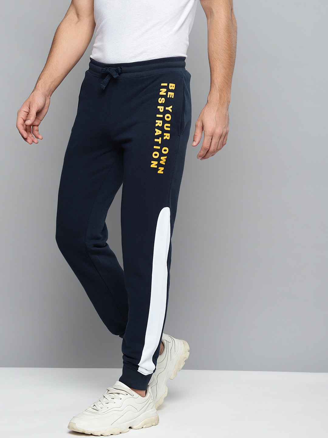 

Alcis Men Navy Blue Solid Slim Fit Joggers with Printed Detail
