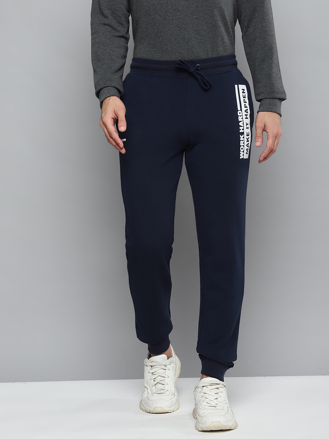 

Alcis Men Navy Blue Solid Slim Fit Joggers with Printed Detail
