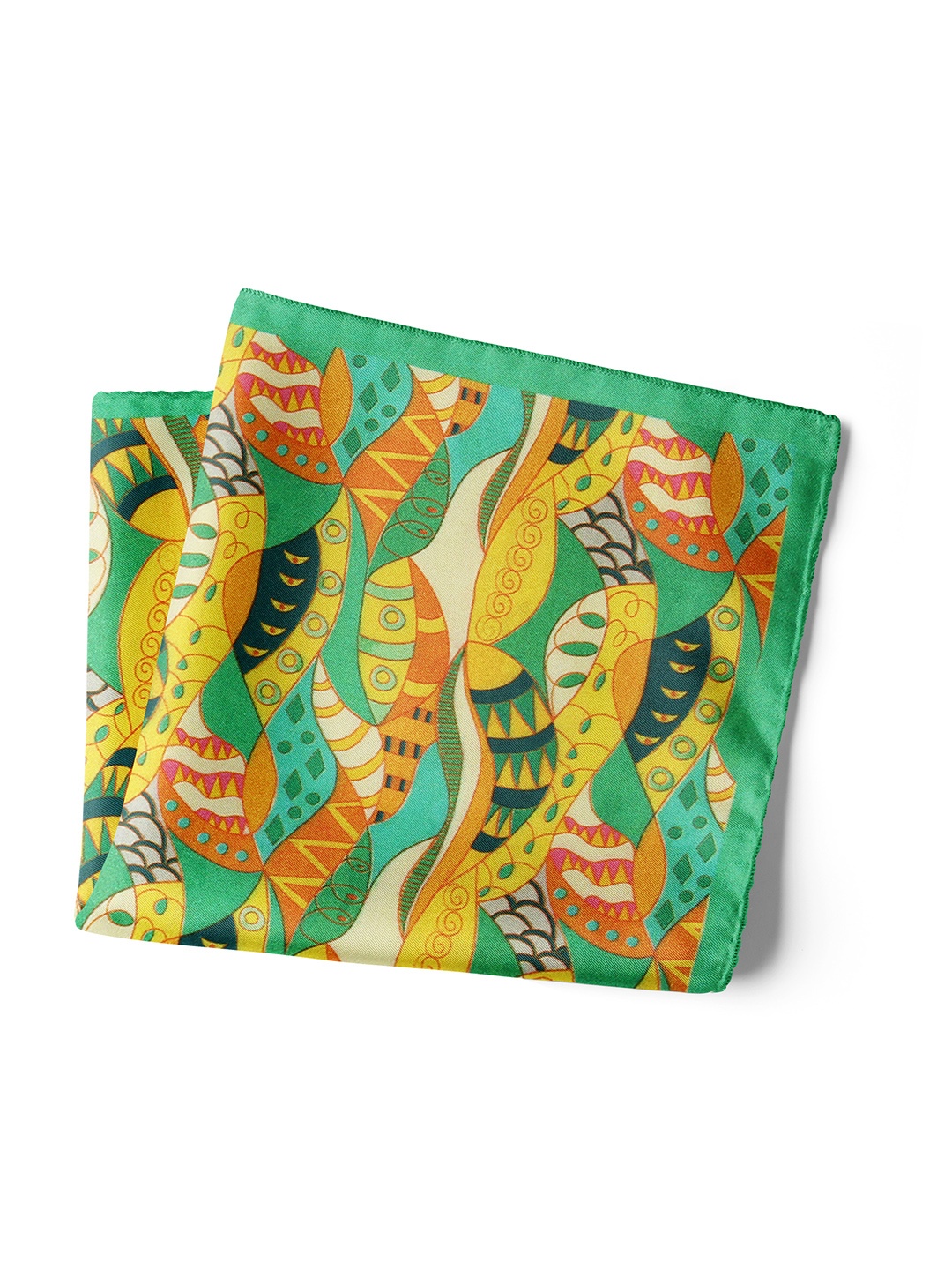 CHOKORE Men Sea Green & Orange Printed Silk Pocket Square