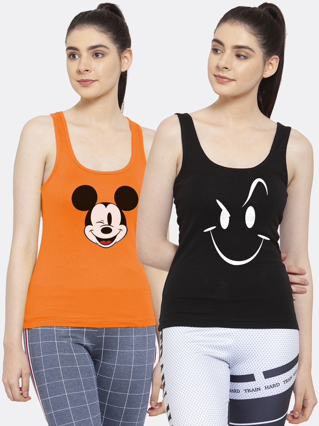 

Friskers Women Pack of 2 Orange & Black Printed Tank Top
