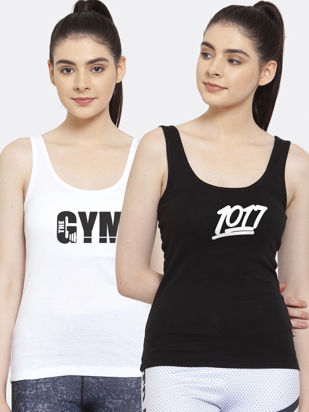 

Friskers Women Pack of 2 White & Black Printed Tank Top