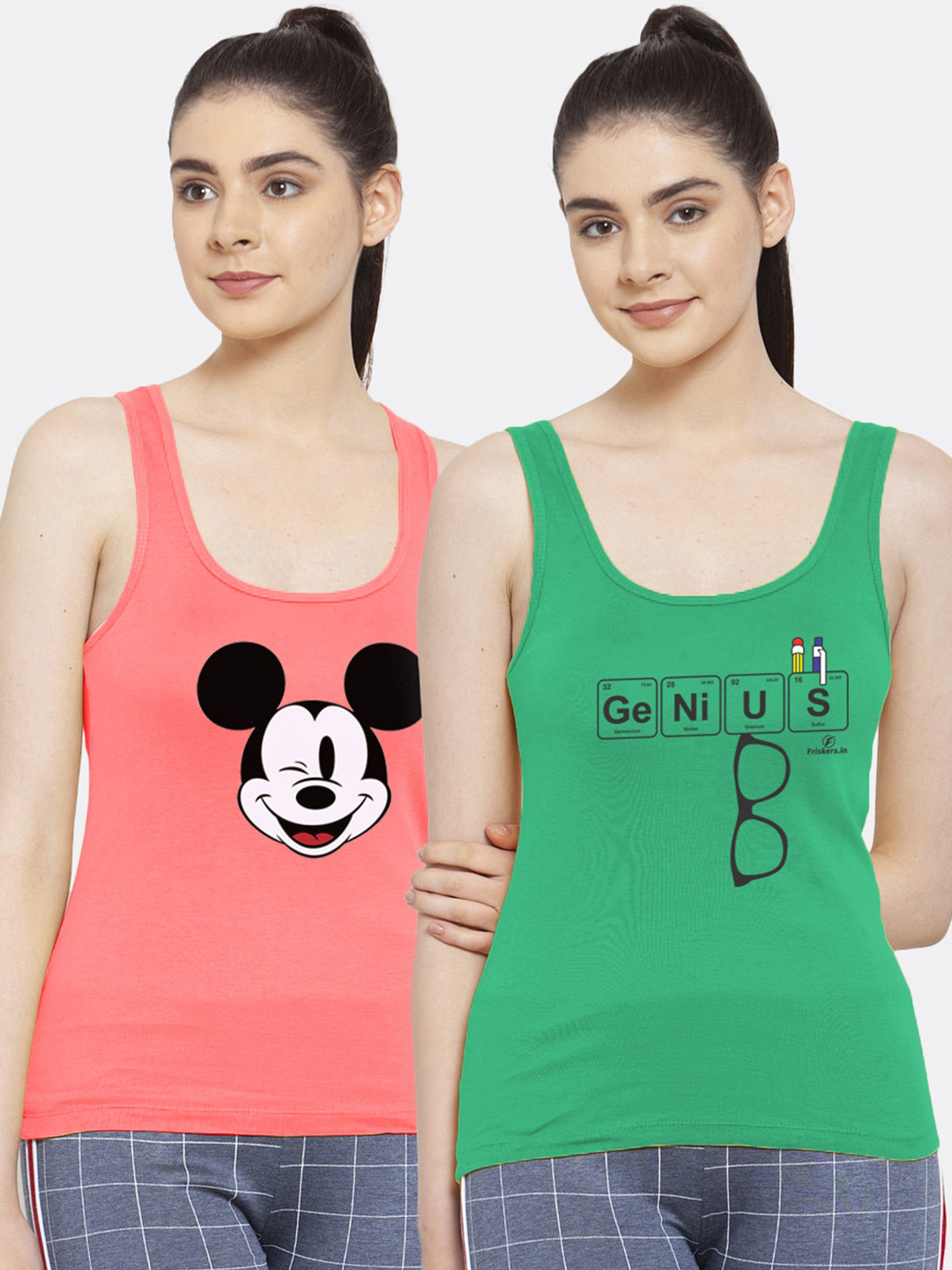 

Friskers Women Pack of 2 Coral & Green Printed Tank Top