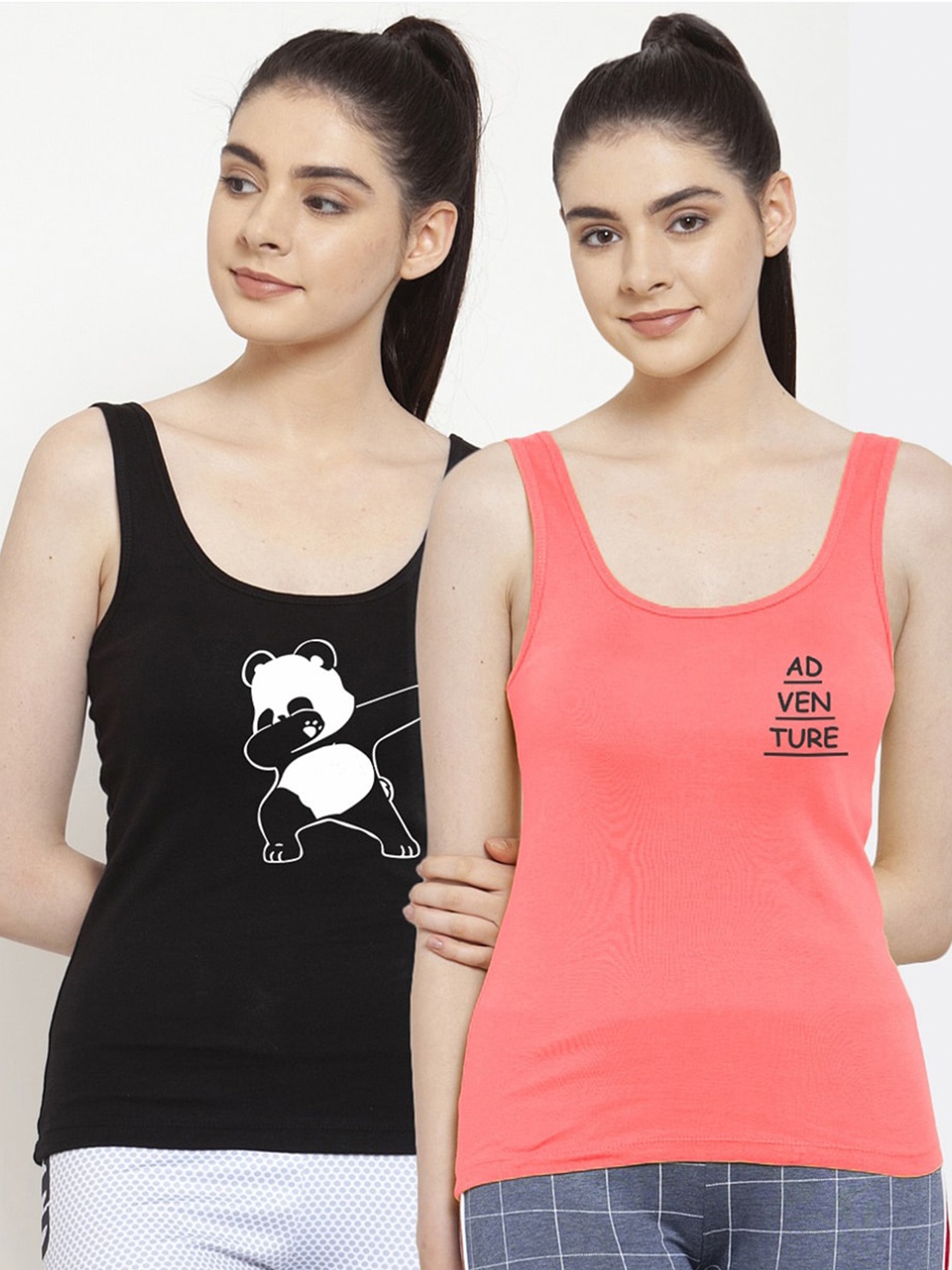 

Friskers Women Pack of 2 Black & Pink Printed Tank Top
