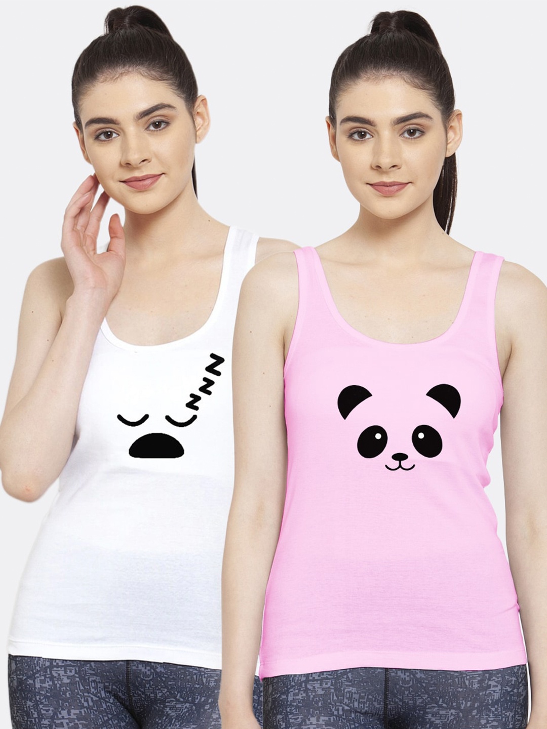 

Friskers Women Pack of 2 White & Pink Printed Tank Top