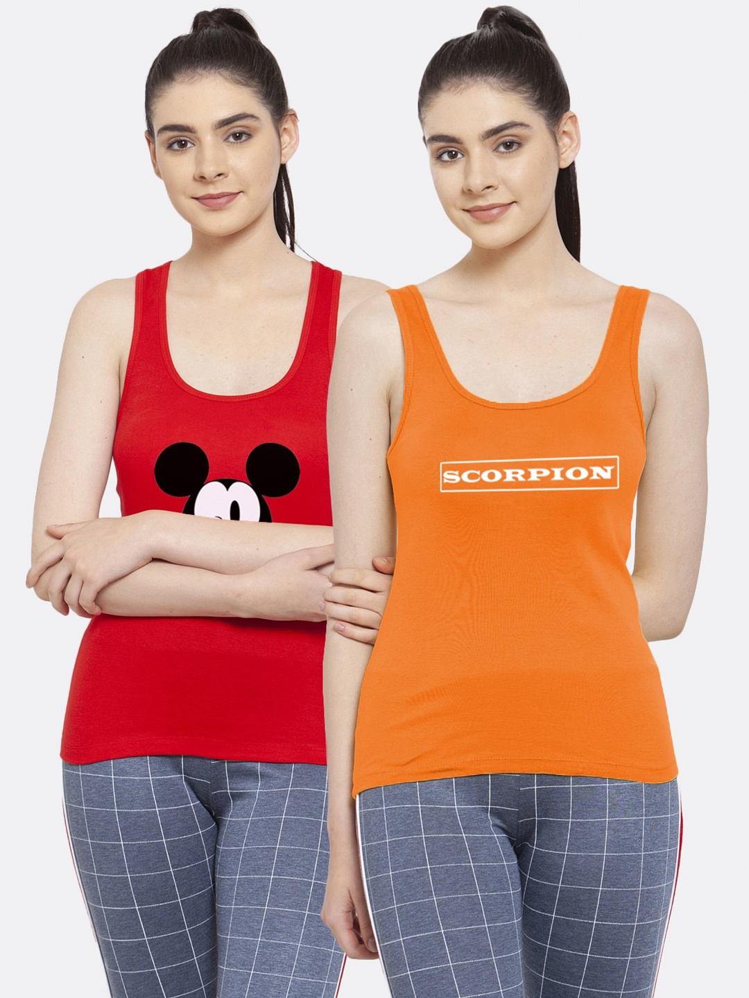 

Friskers Women Pack of 2 Red & Orange Printed Tank Top