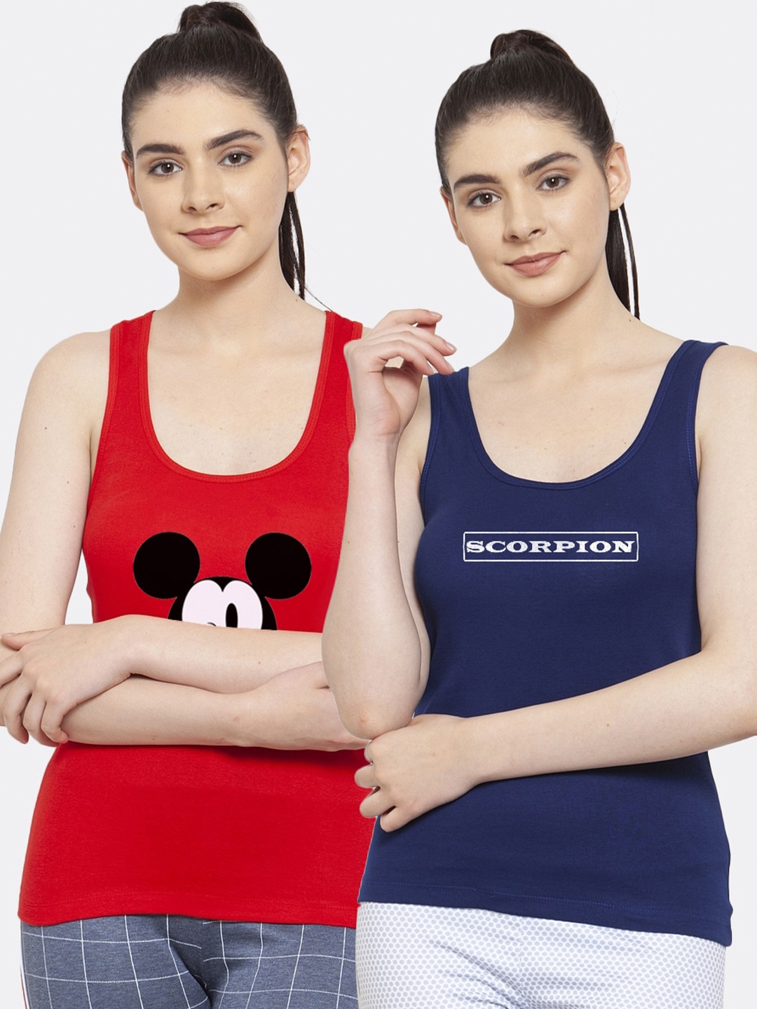 

Friskers Women Pack of 2 Red & Navy Blue Printed Tank Top