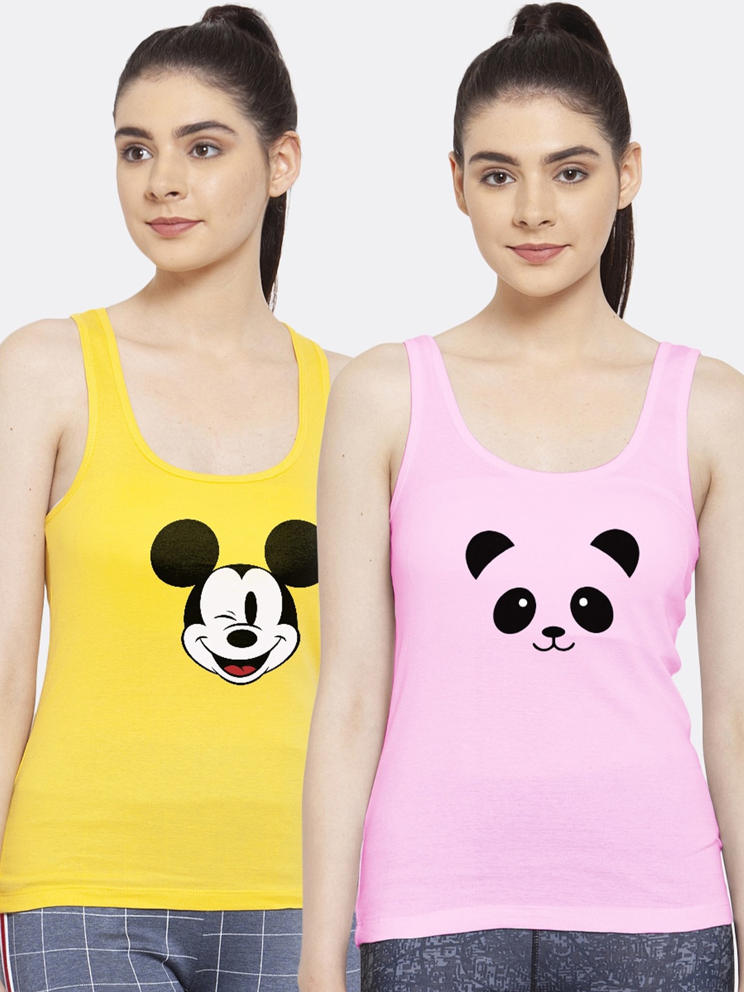 

Friskers Women Pack of 2 Yellow & Pink Printed Tank Top