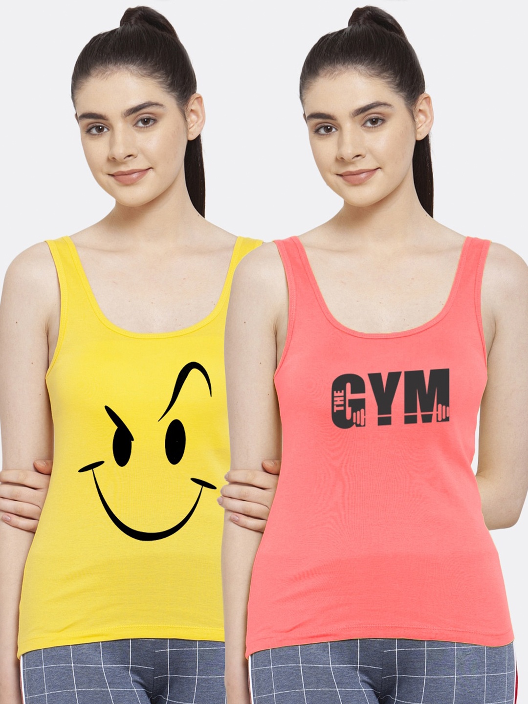 

Friskers Women Pack of 2 Yellow & Pink Printed Tank Top