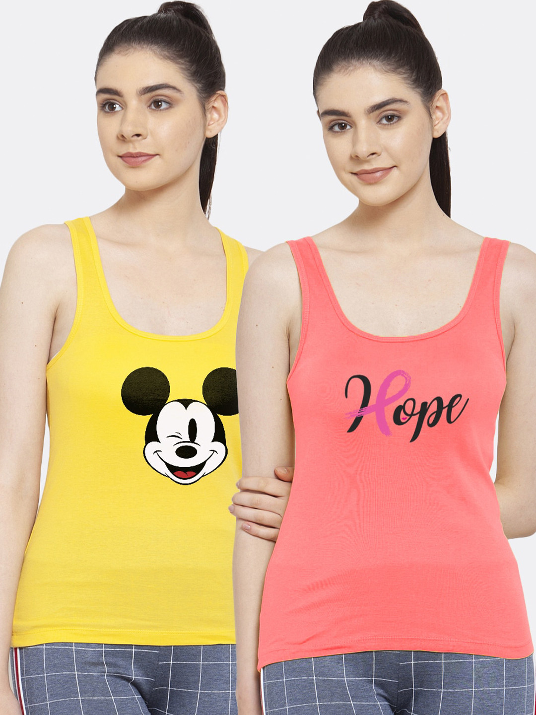 

Friskers Women Pack of 2 Yellow & Pink Printed Tank Top