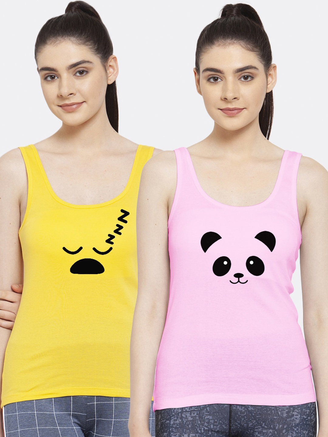 

Friskers Women Pack of 2 Yellow & Pink Printed Tank Top