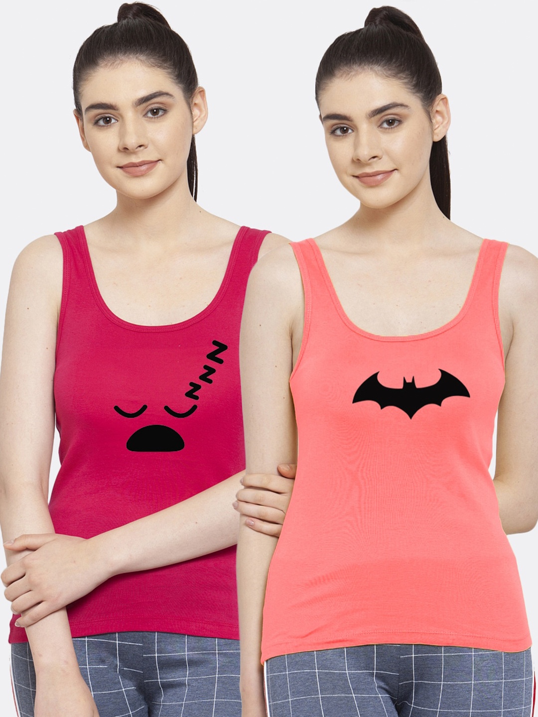 

Friskers Women Pack of 2 Graphic Printed Pure Cotton Tank Top, Pink