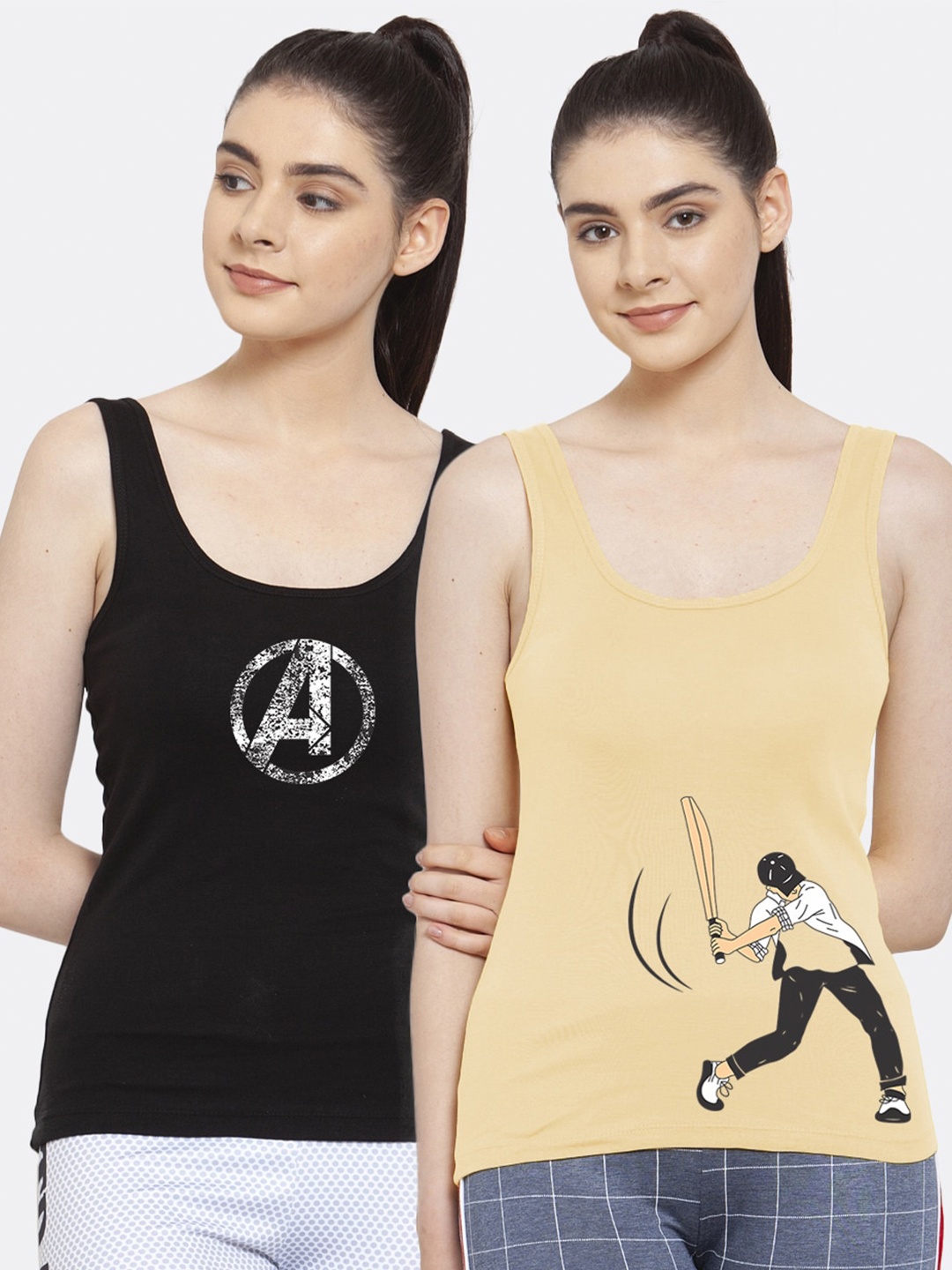 

Friskers Women Pack of 2 Graphic Printed Pure Cotton Tank Top, Black