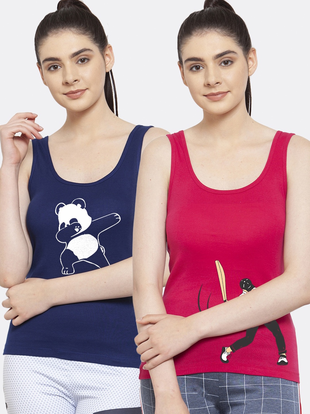 

Friskers Women Pack Of 2 Blue & Pink Printed Tank Top