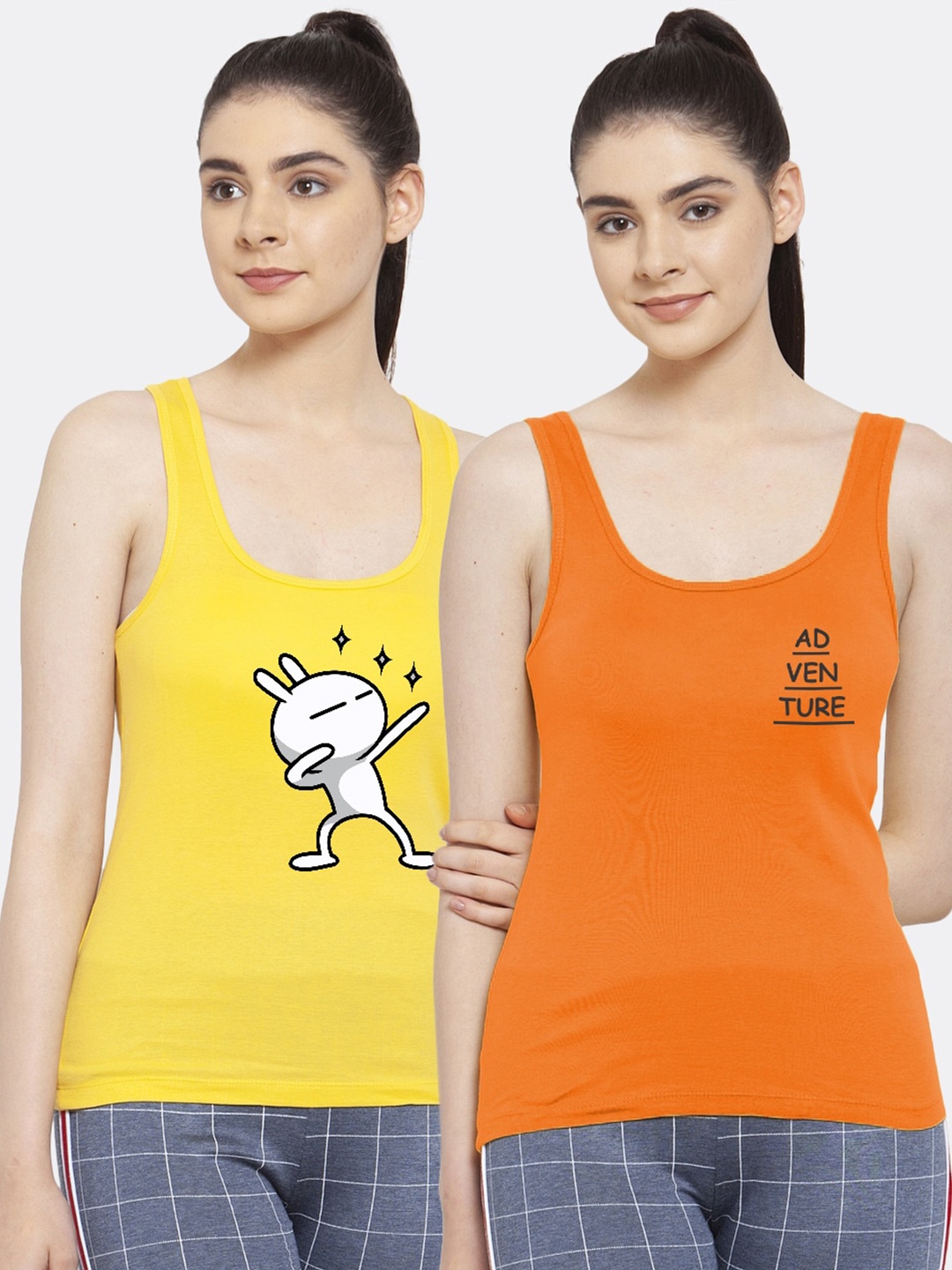 

Friskers Pack of 2 Yellow & Orange Graphic Printed Casual Tank Top