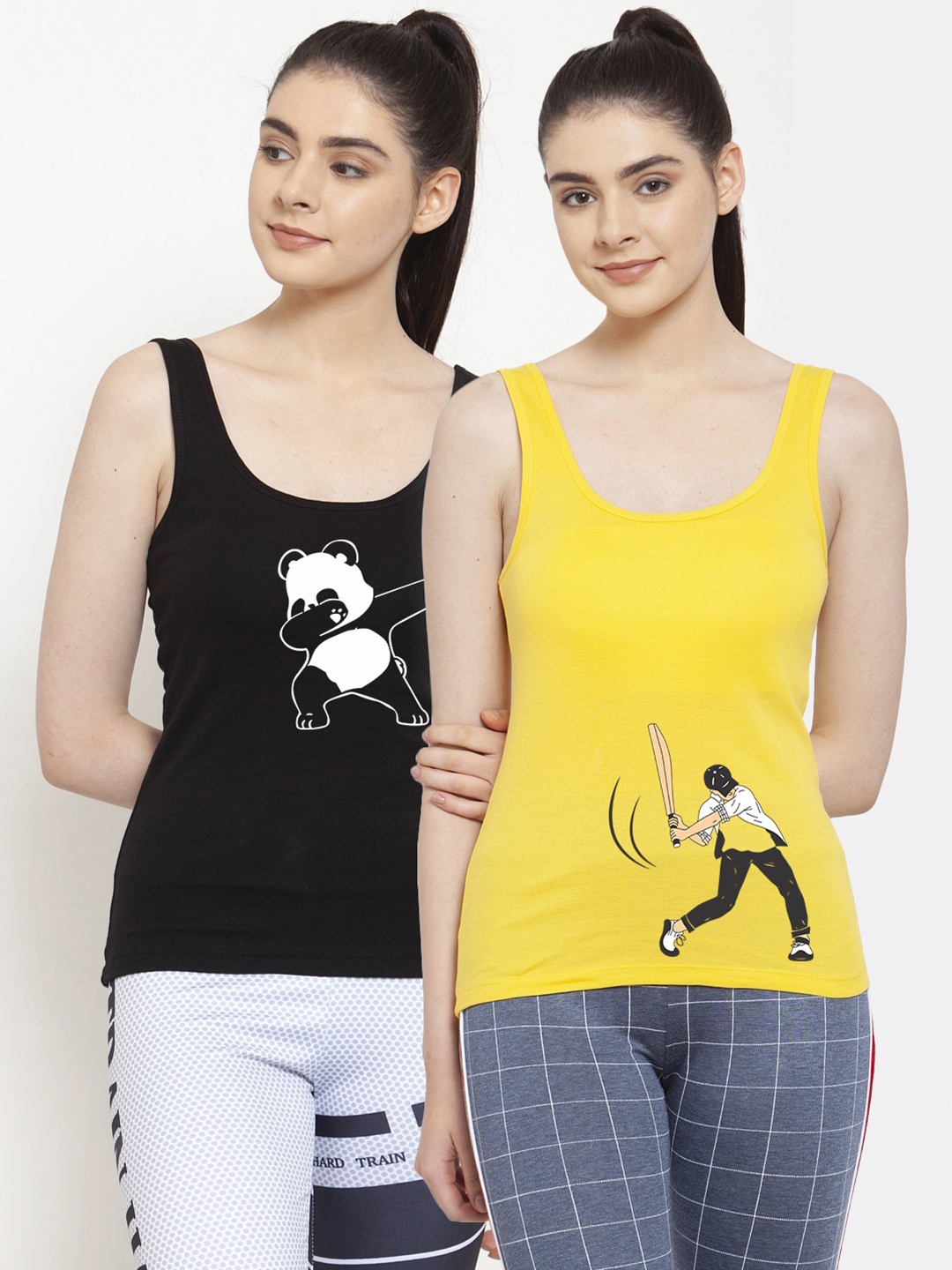 

Friskers Women Black & Yellow Pack Of 2 Printed Tank Top