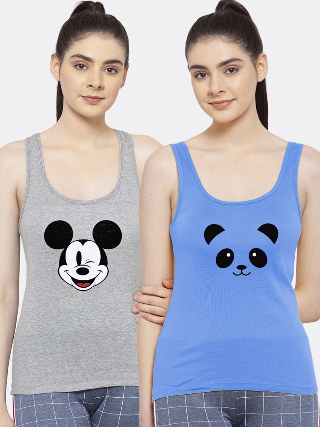 

Friskers Women Pack Of 2 Mickey Mouse & Panda Printed Sleeveless Tank Top, Grey