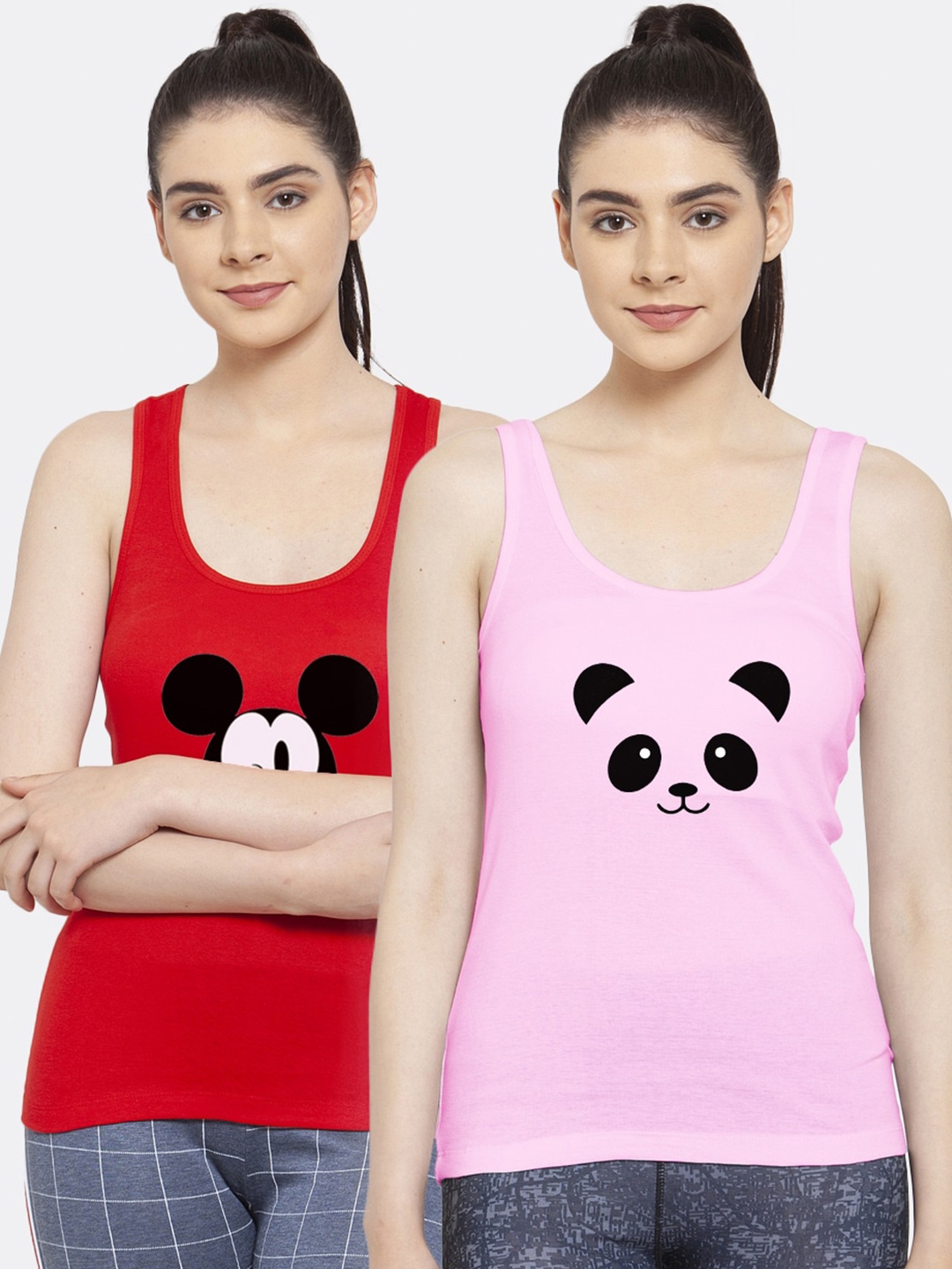

Friskers Women Pack of 2 Red & Pink Mickey Mouse Printed Tank Tops