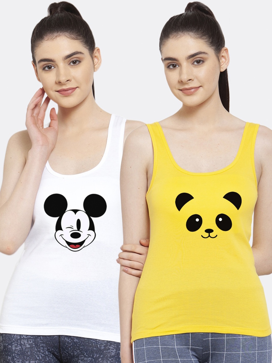 

Friskers Pack of 2 White & Yellow Mickey Mouse Printed Pure Cotton Tank Tops