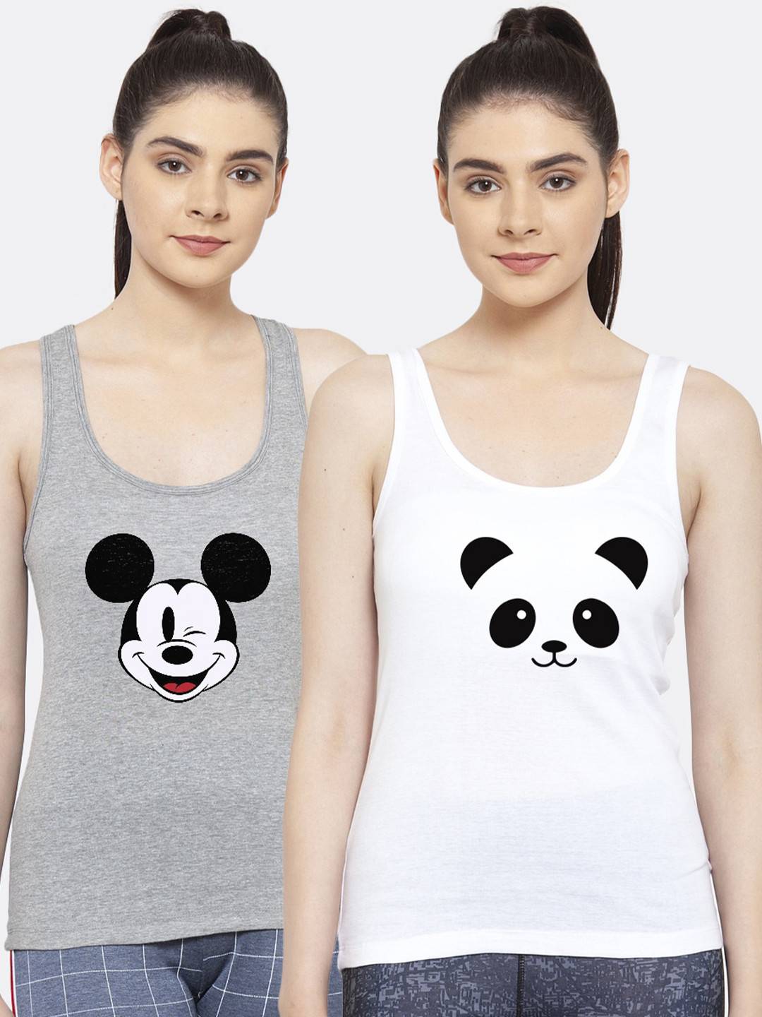 

Friskers Women Grey & White Pack Of 2 Printed Tank Top