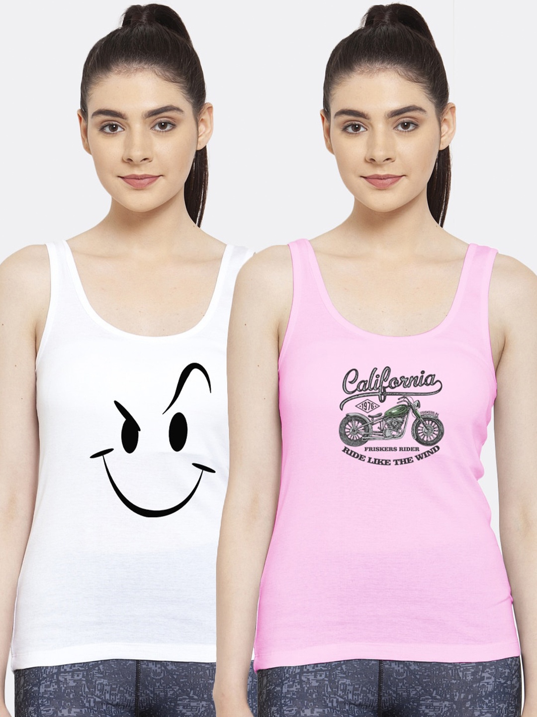 

Friskers Pack of 2 White & Pink Smiley Printed Pure Cotton Tank Tops