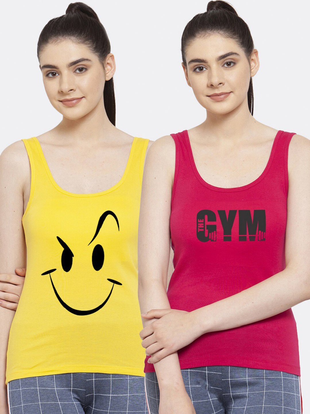 

Friskers Women Pack of 2 Yellow & Red Printed Tank Tops